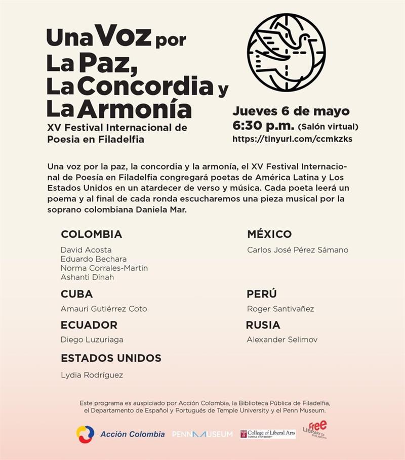 Event flyer for May 6 2021, in Spanish, listing names of poets and their countries of origina
