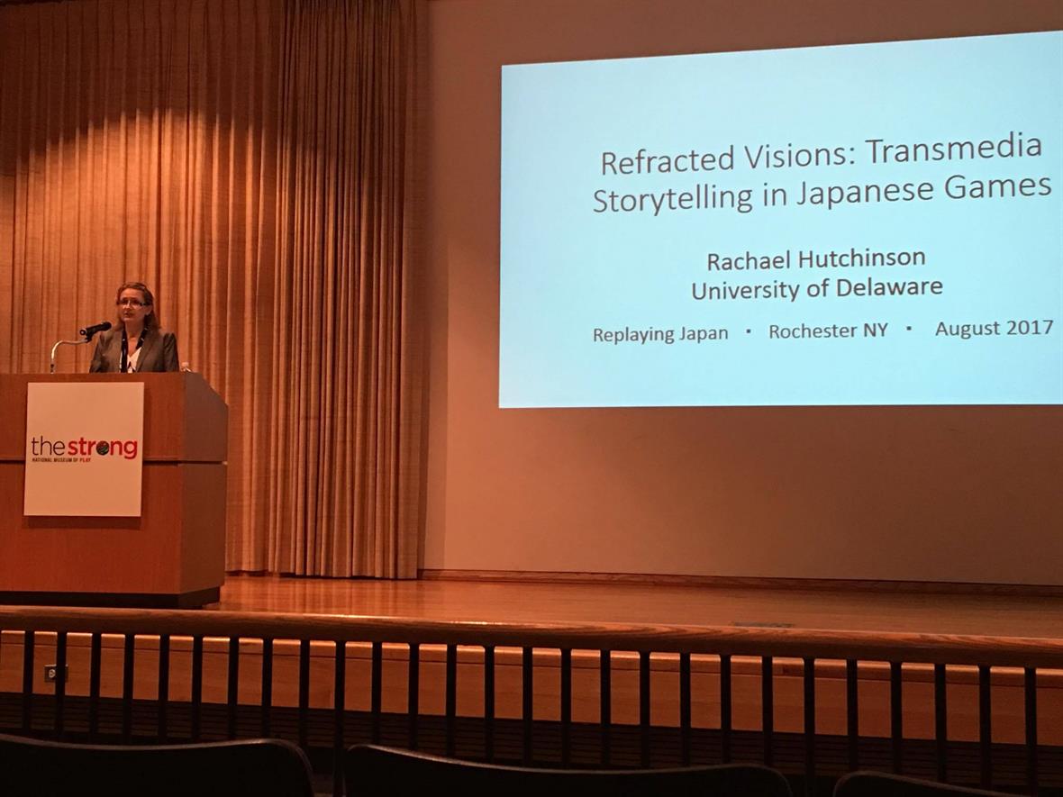Dr. Rachael Hutchinson giving the keynote speech at the international Replaying Japan conference in 2017